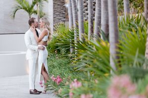 Groom in Casual White Suit and Bride in Two Piece Embrace, Resort