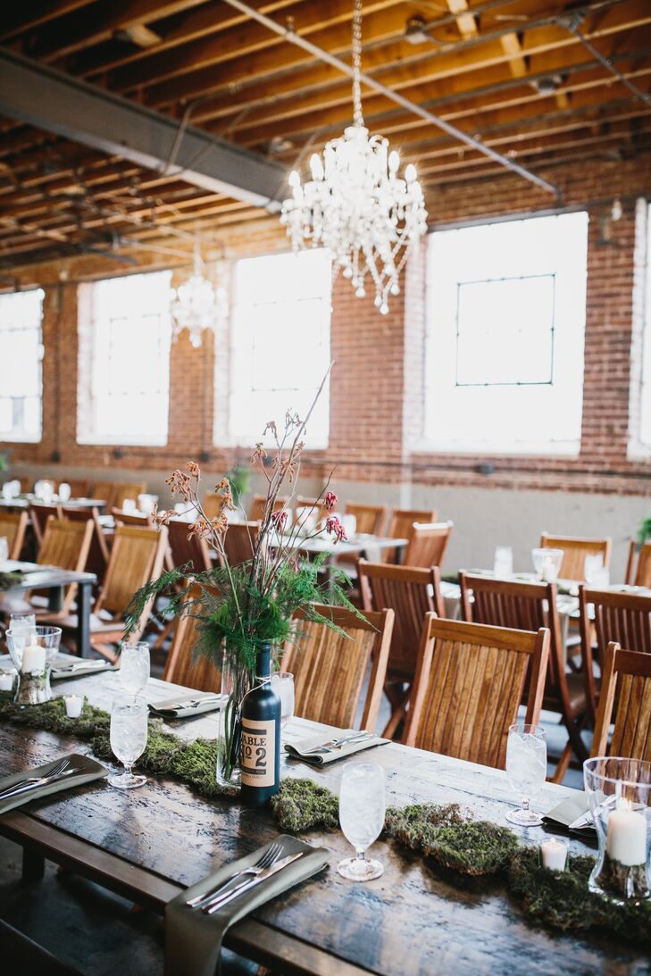 Farm Tables with Moss Runner and Lush Natural Centerpieces