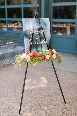 Modern Welcome Sign on Easel with Flowers and Elegant Calligraphy