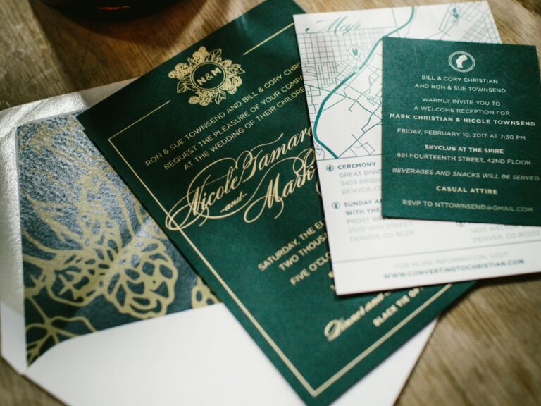 winter wedding ideas emerald and gold stationery