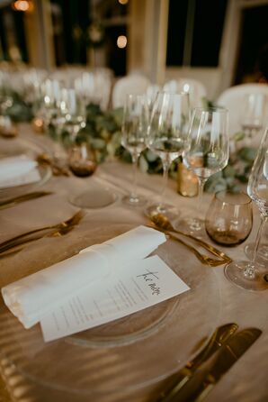 Clear Glass Chargers and Gold Flatware