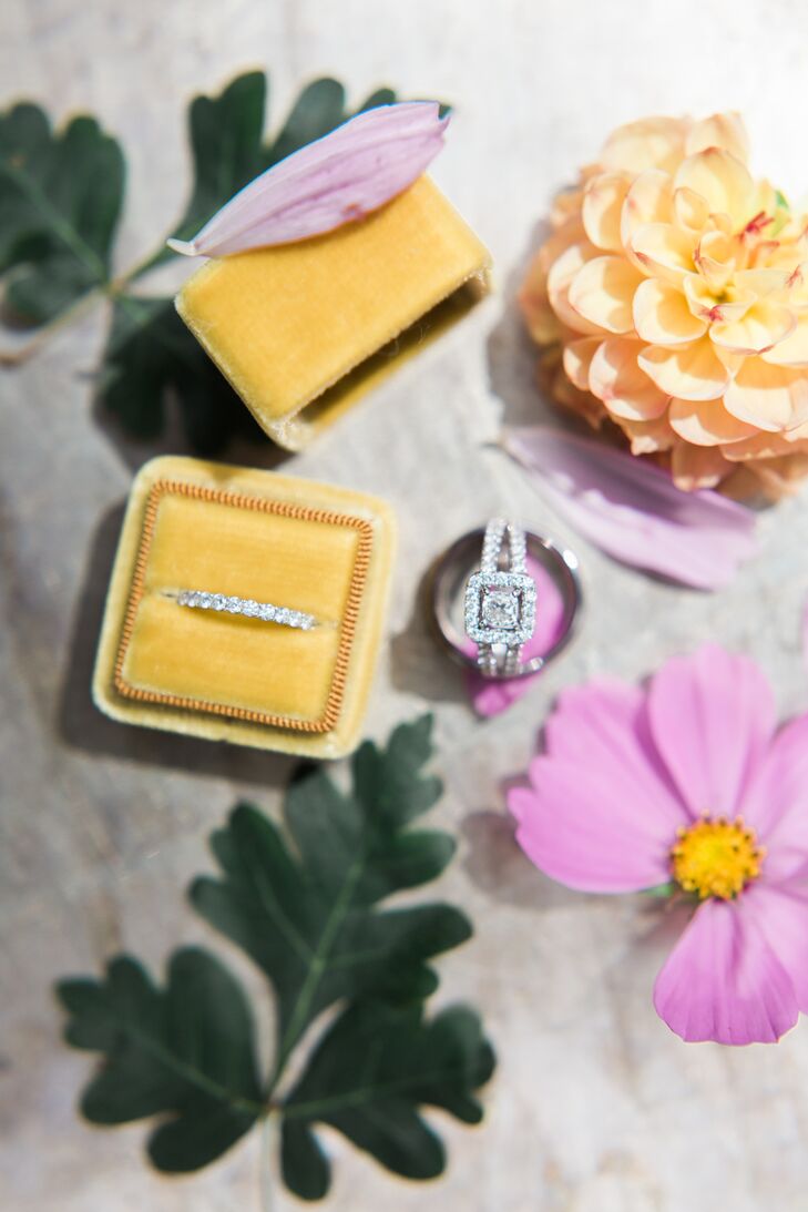 Devin's engagement ring by the Shane Company is perfectly untraditional—it centers on a round diamond that is framed by a square setting.