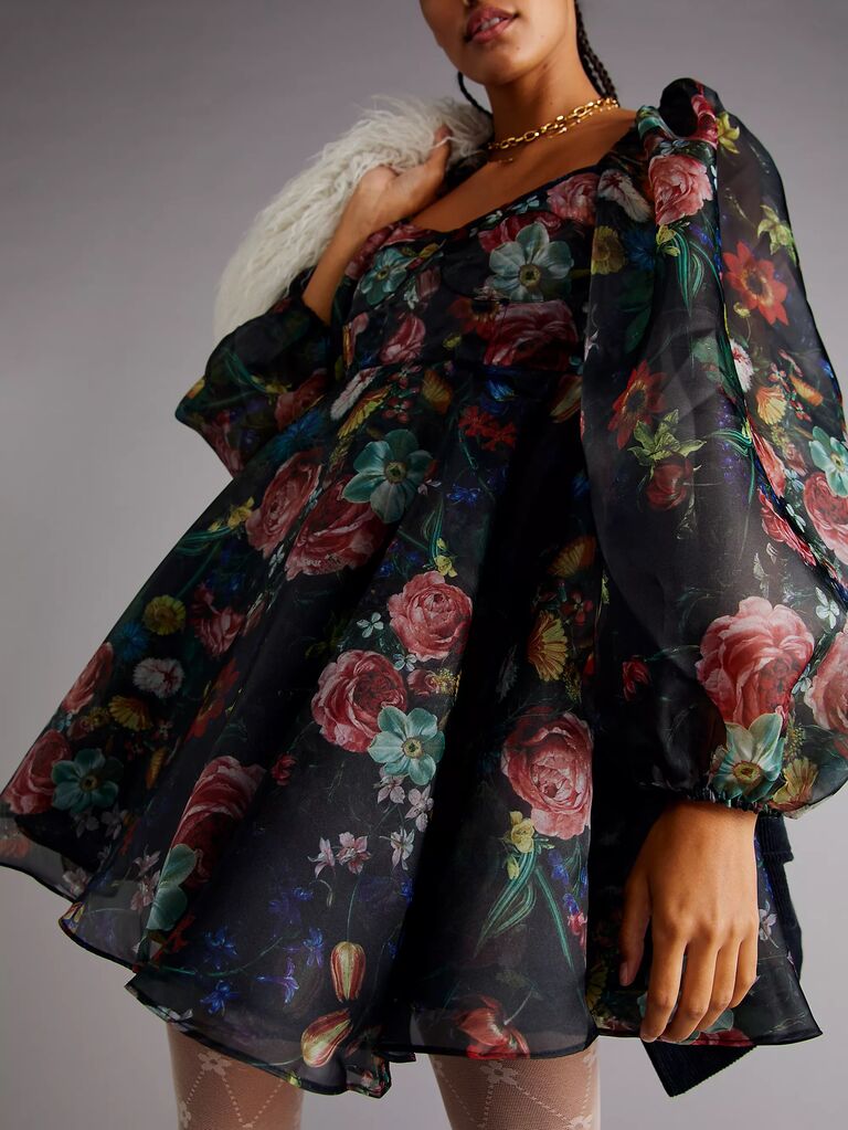 Free People floral long-sleeve wedding guest dress for semi-formal winter wedding attire