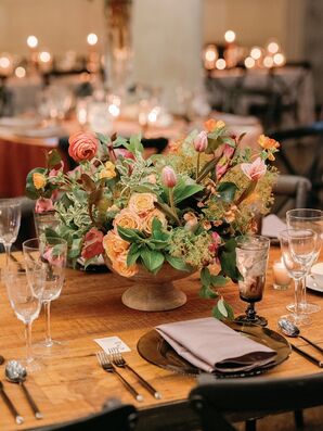 Low, Warm-Toned Floral Centerpiece at Museum Wedding Rception