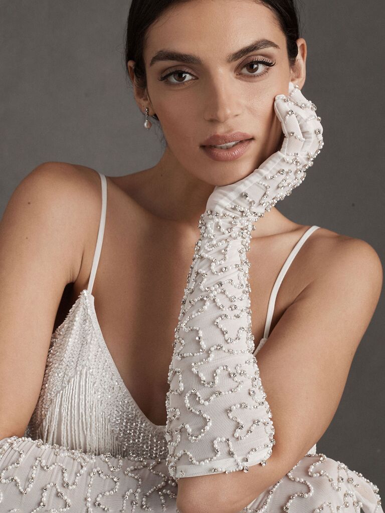 Retrofete georgette ivory bridal gloves with pearl and crystal embellishments