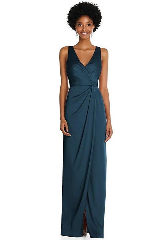 Dessy Group Faux Wrap Whisper Satin Maxi Dress with Draped Tulip Skirt - 6864 V-Neck Bridesmaid Dress - 1