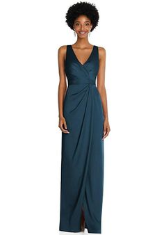 Dessy Group Faux Wrap Whisper Satin Maxi Dress with Draped Tulip Skirt - 6864 V-Neck Bridesmaid Dress