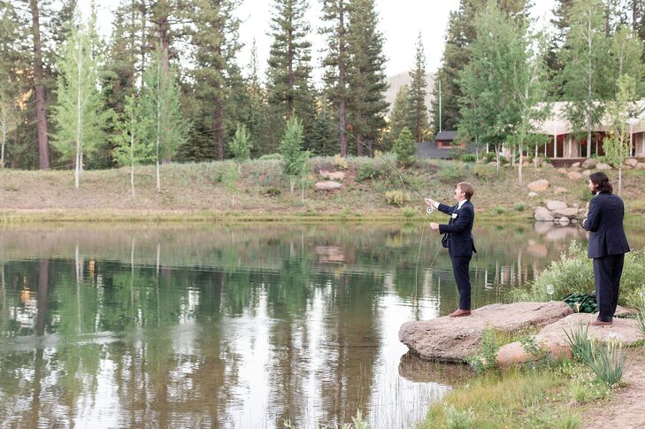 Wedding Guest Fishing in Pond at Martis Camp in Truckee, California