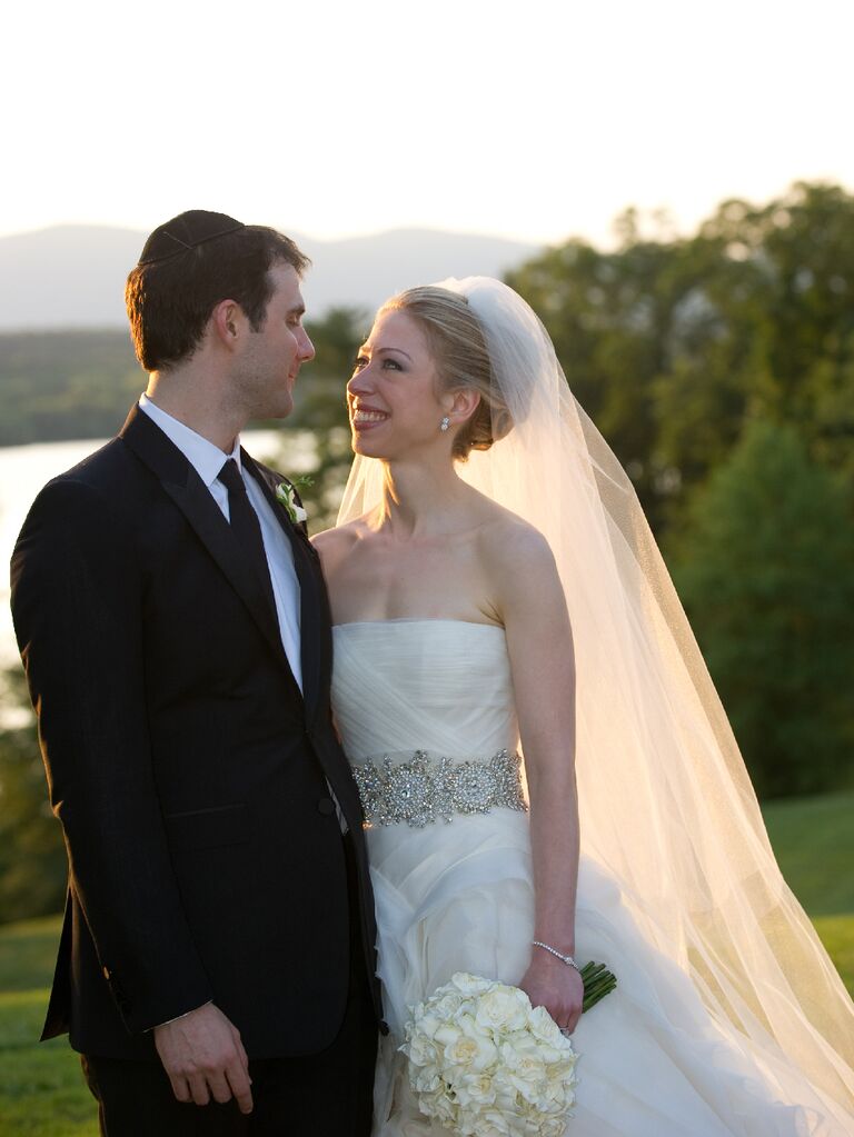 Chelsea Clinton wearing Vera Wang belted wedding dress