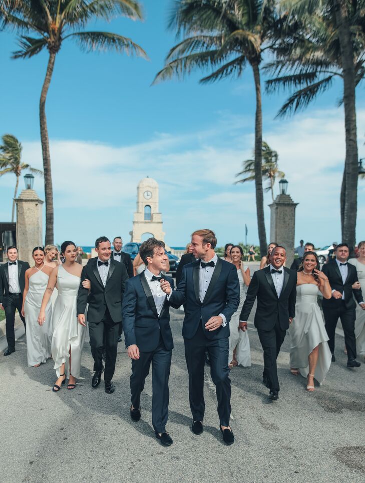 Grooms in Dark Blue Tuxedos With Mixed-Gender Bridal Party in Tuxes and White Dresses