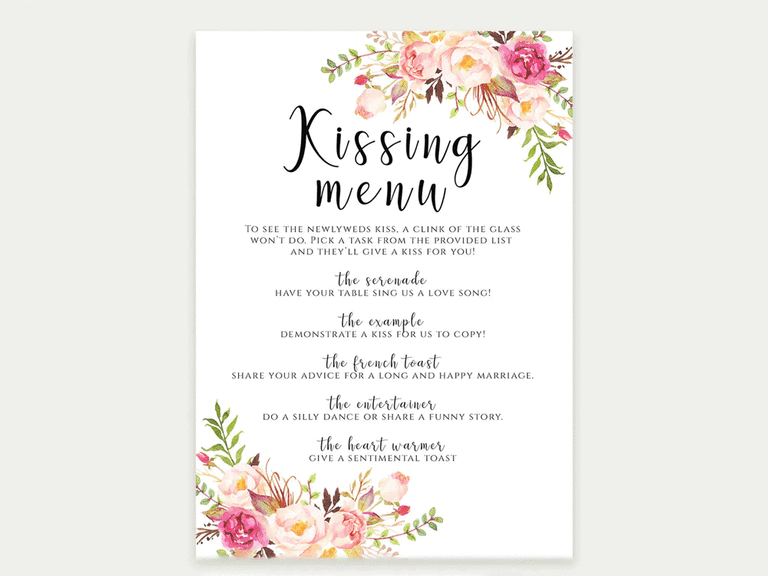 Kissing menu printable card game.