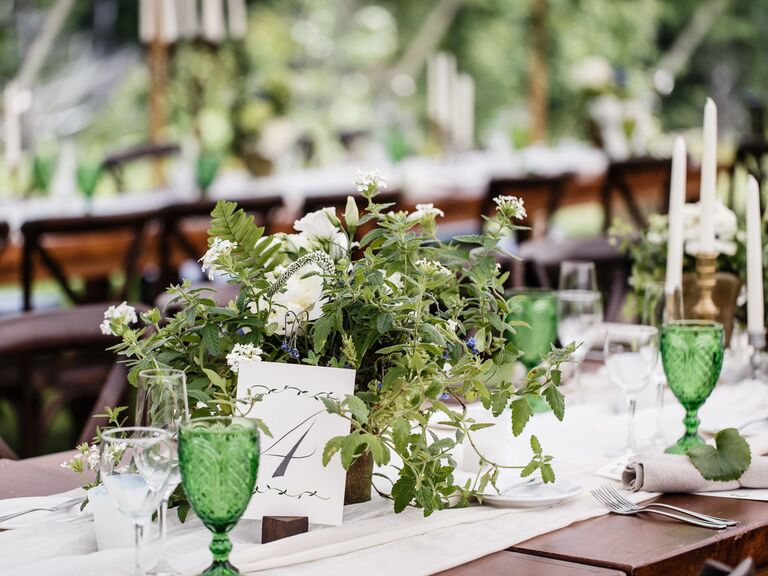 short wedding centerpiece with greenery vines