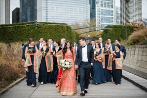Newlyweds with Wedding Party at the Harold Washington Library Center in Chicago, Illinois