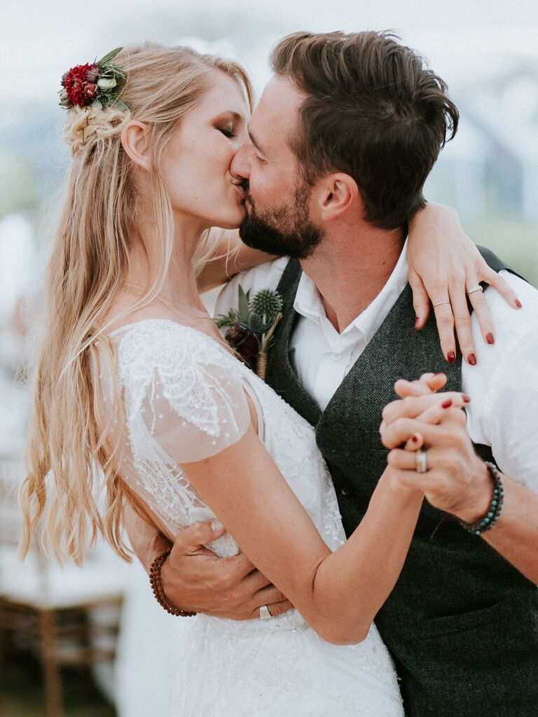 wedding hair flowers braided half up with wildflowers