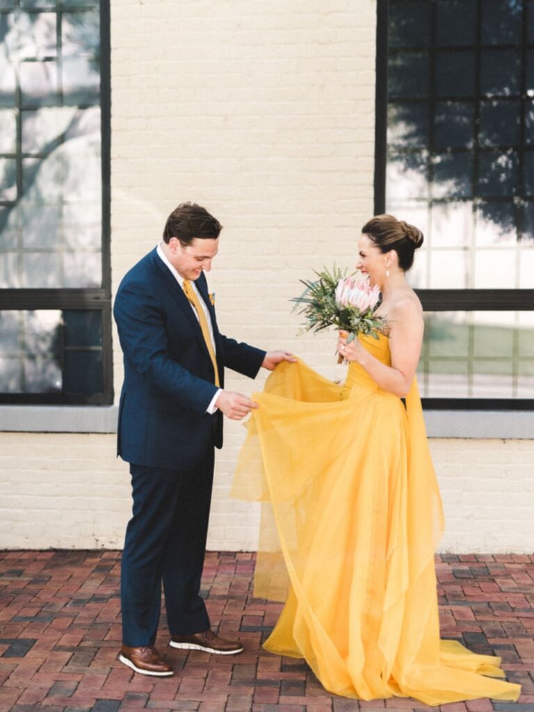 First look with bride in yellow