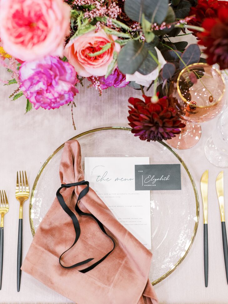 Place Setting With Blush Velvet Napkin and Gold Flatware