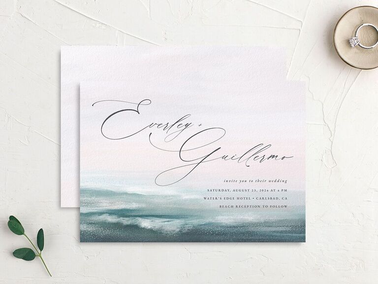 Abstract beach scene wedding invitation design cost effective