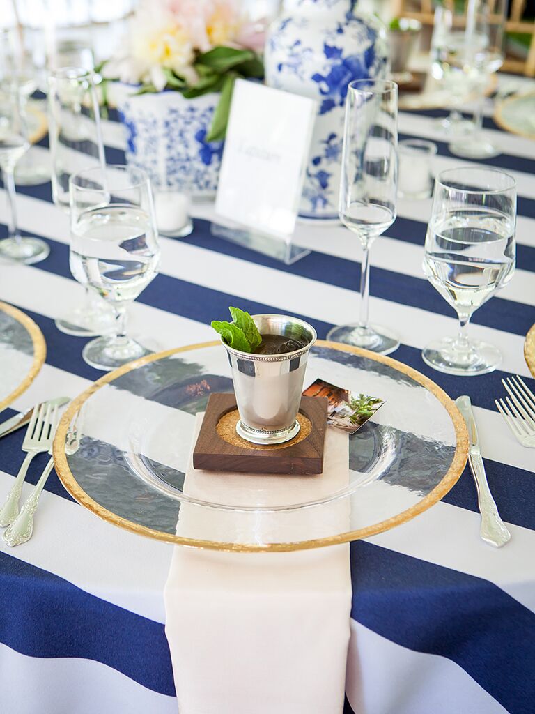 Mint Julip signature cocktail with wood coaster wedding favor