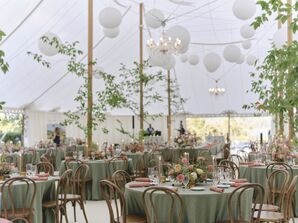 Tented Reception, Paper Lanterns Over Round and Long Tables With Pale Green Linens, Greenery