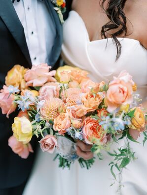 Bridal Bouquet With Pastel Colors, Including Pink, Coral, Blue, Yellow and Lavender