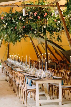 Bohemian Teepee Reception with Hanging Greenery and Candles