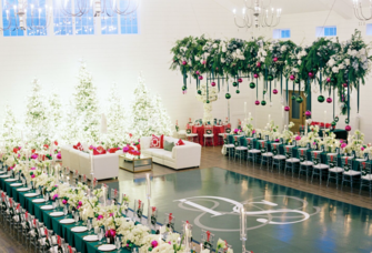 Christmas themed wedding reception space