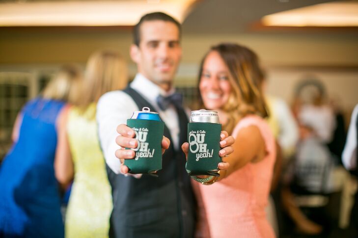 Our favors were drink cozies that were the colors of our Alma Mater (green and white,) says the couple. “They were designed by the bride's brother and included a common saying from OU alumni "OU OH yah" with the two O's being the bride and groom's rings.”
