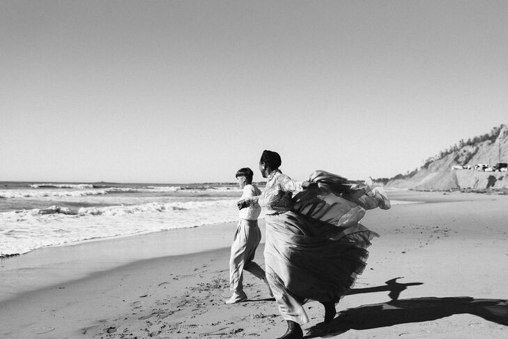 Black and White Photo, Bride and Partner Frolicking on the Beach in California, First Look