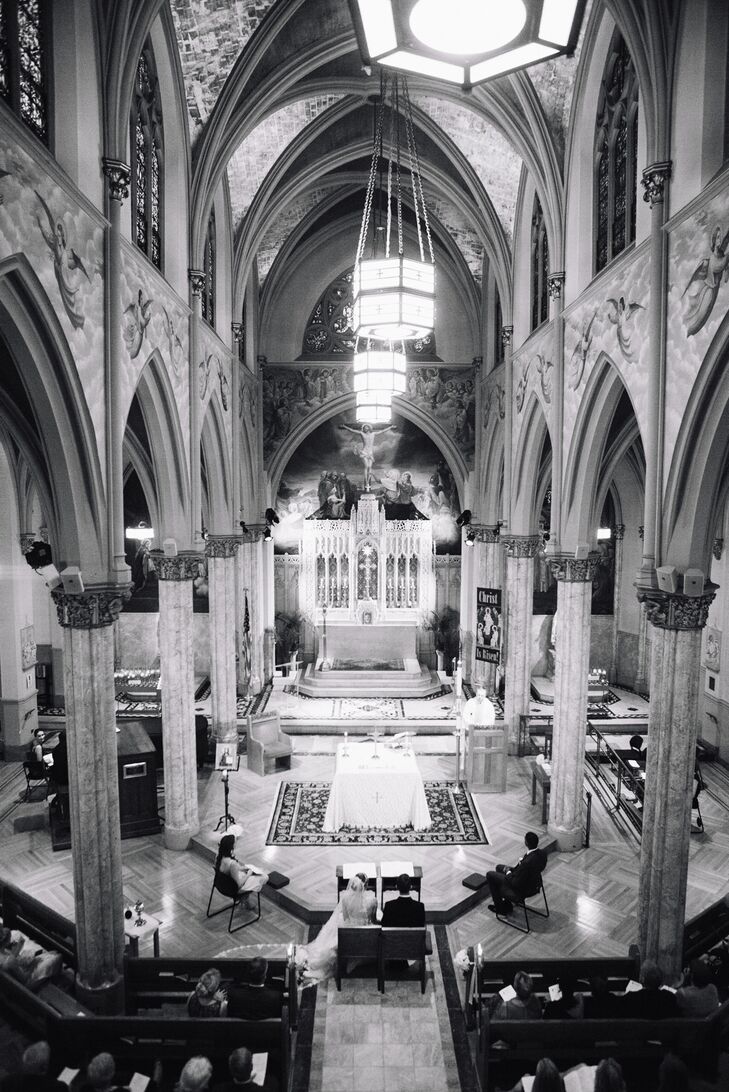 “We began our venue search wanting something that offered both indoor and outdoor space and something that would highlight New York City,” the couple says. They had their ceremony at St. Malachy’s Roman Catholic Church (the Actors’ Chapel) and walked to Le Parker Meridien for their reception.