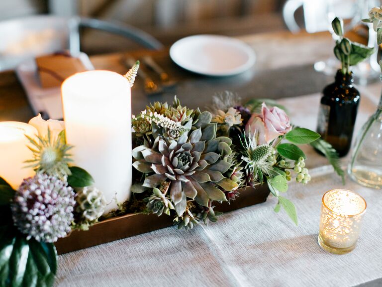 succulent fall wedding centerpiece with votive candles 