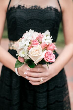 Small Bouquets of Pink Roses with Black Bridesmaid Dresses