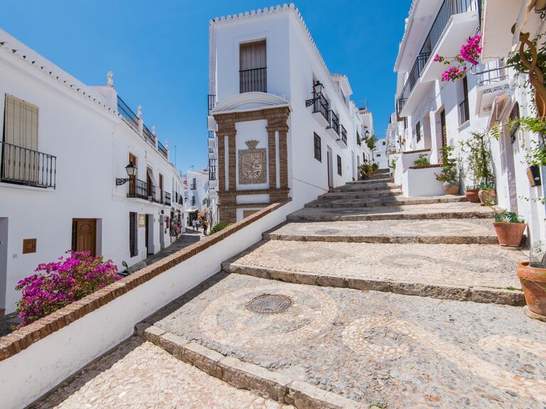 Charming historic cobblestone street with tall white buildings and bright purple flowers. 