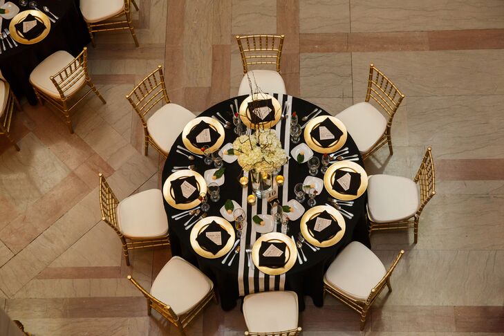 “I definitely tried to go with a timeless look, and it ended up being a little Gatsby inspired, but I really just liked the idea of champagne glitter, black and white stripes, and neutral colors,” says Lisa.