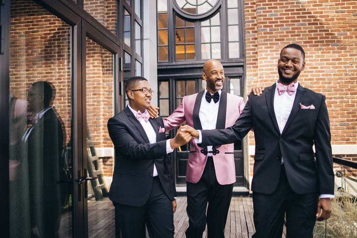 Groom in Pink Tux With Groomsmen Sporting Pink Bow-Ties for Wedding at Sagamore Pendry Hotel in Baltimore