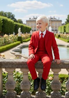 Little Tuxedos "Mason" Kids Red Suit (5-Piece Set) Flower Girl Dress and Ring Bearer Outfit
