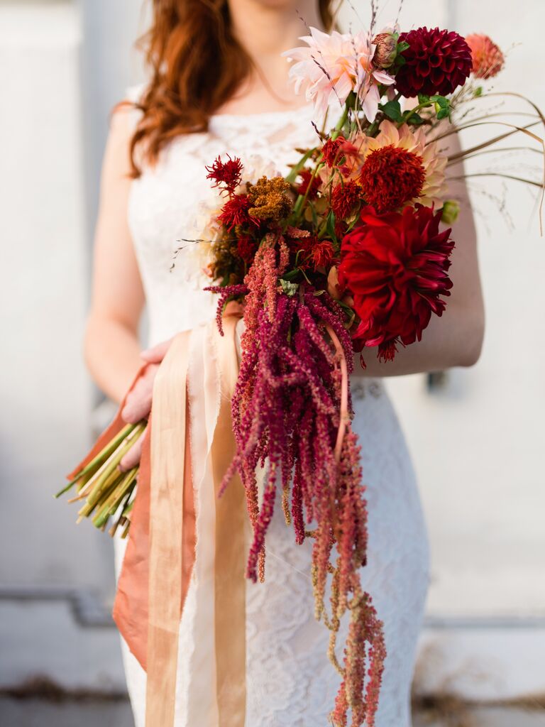 pageant wedding bouquet with cascading amaranthus and red dahlias