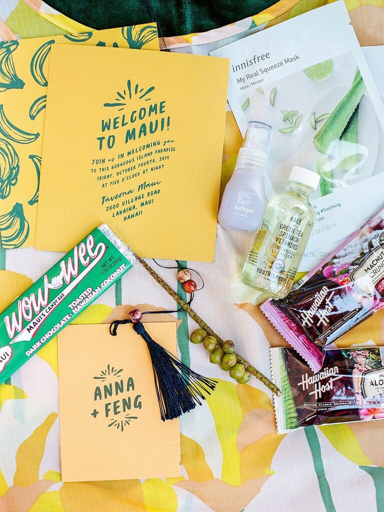 Versatile summer wedding favors with snacks, hand sanitizer and stationery