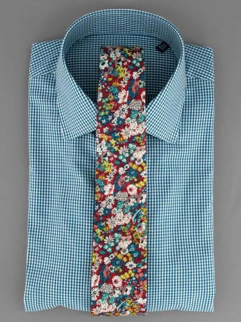 tie bar teal and white gingham button down shirt for what to wear to an engagement party
