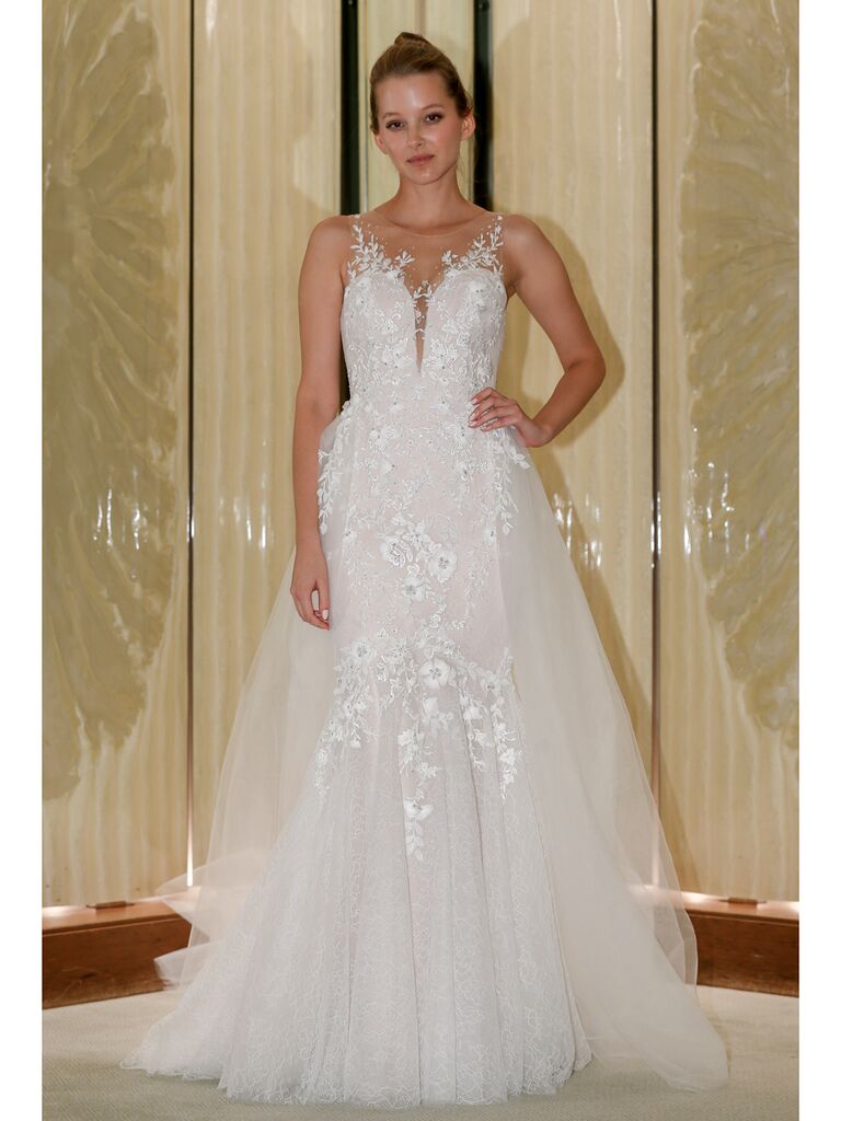 Randy Fenoli Fall 2019 Bridal Collection tulle A-line wedding dress with illusion sleeveless neckline