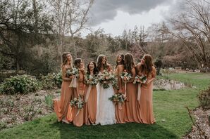 Bridesmaids in Custom Rust-Orange Gowns With Slit