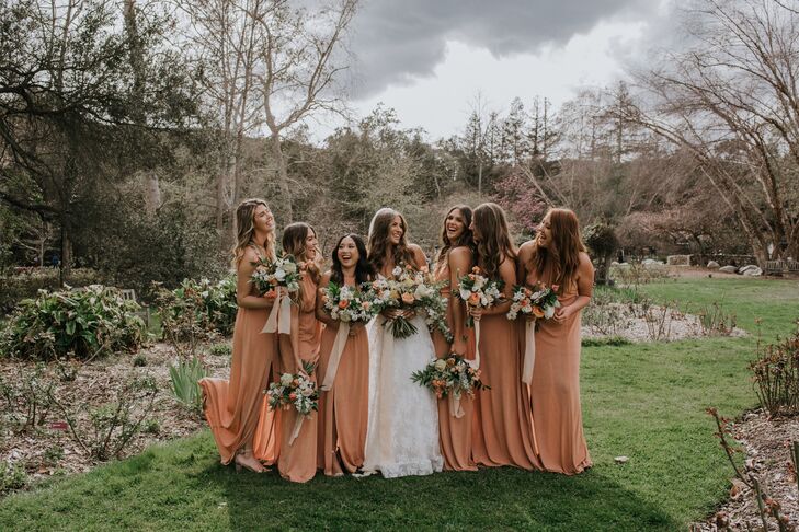 Bridesmaids in Custom Rust-Orange Gowns With Slit