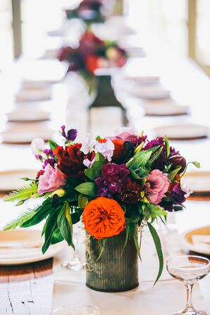 Colorful Flower Arrangement in Rustic Tin Vase