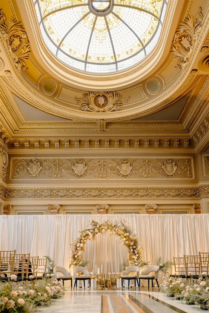 Elegant Ceremony in San Francisco Historic Venue, White Circle Arch With Gold Accents