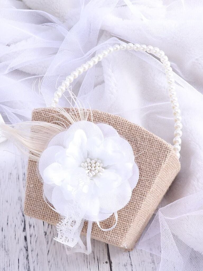 burlap pearl flower girl basket