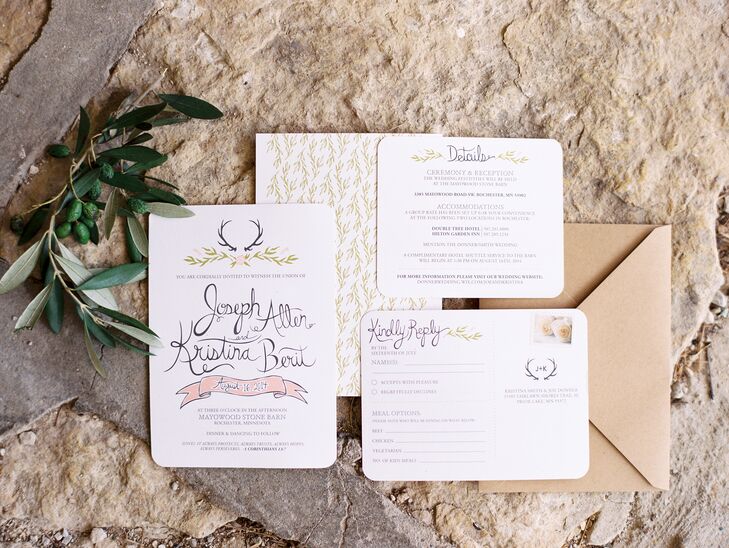 Kristina made all of the invitations and stationery herself, drawing on the pale peach and pink color palette, as well as the wedding's rustic vibe. She hand-drew the illustrations for each piece, an antler and greenery motif to give the invitations an organic, yet playful look.rnrn
