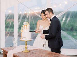 Couple Cutting Two-Tier Wedding Cake at Market at Grelen in Somerset, Virginia