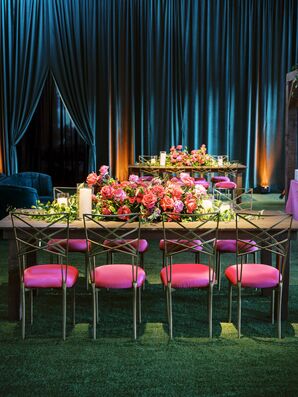 Venue With Blue Velvet Draping and Pink Velvet Chairs
