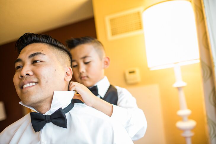 Kathy's son helped Jon get ready in their matching black Vera Wang Tuxedos, black and white checkered Vans and handkerchiefs. Jon wanted them to match her classy style with his own fun twist. Her son later walked her down the aisle.