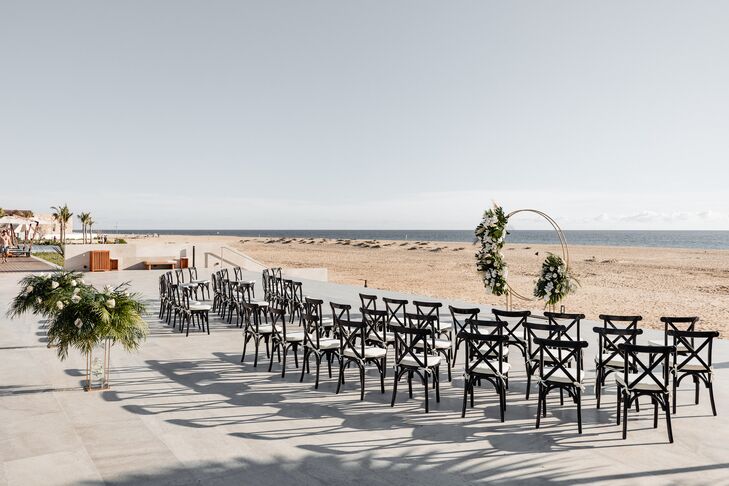 Beachside Ceremony, Small Wedding, Overlooking Ocean Above Sand, Tropical Greenery and Circle Arch