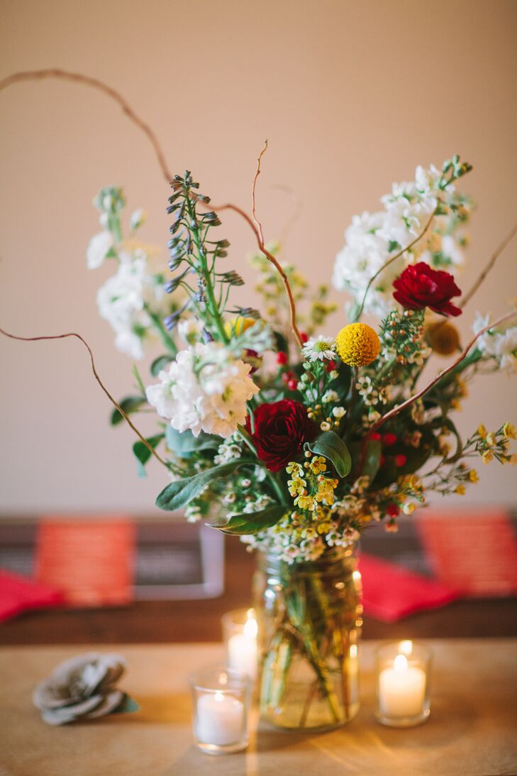 Rustic White, Red and Yellow Wildflower Centerpieces